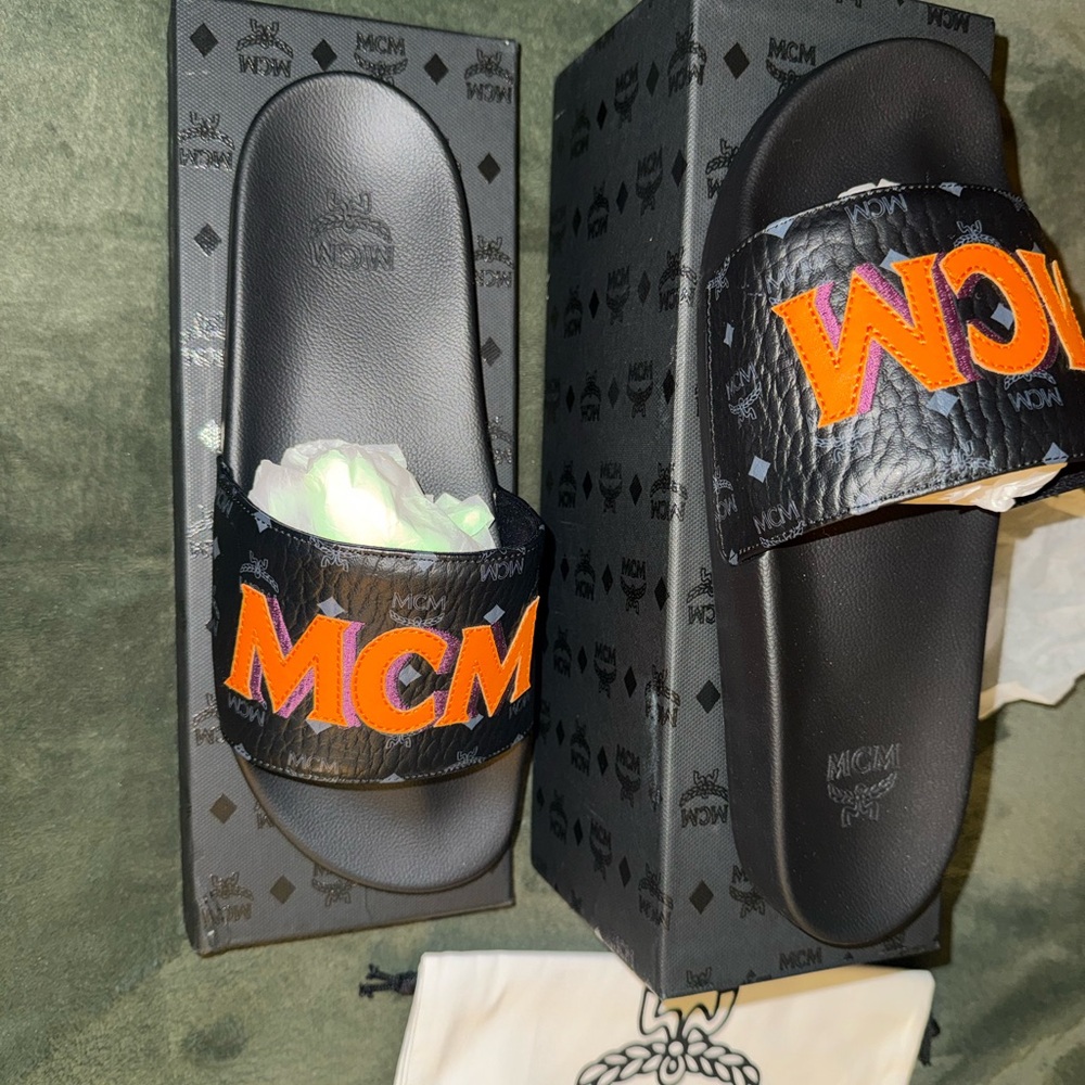 MCM Black Slides with Vibrant Orange Logo